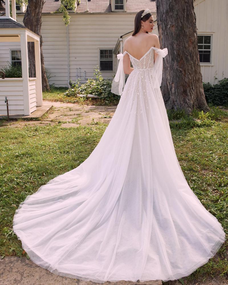 La22107 a line off the shoulder wedding dress with slit and pockets2